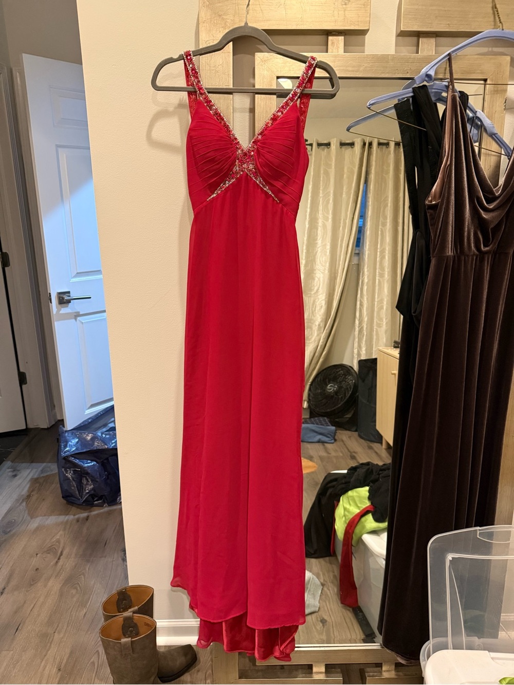 Faviana Red Beaded V-Neck Prom Gown